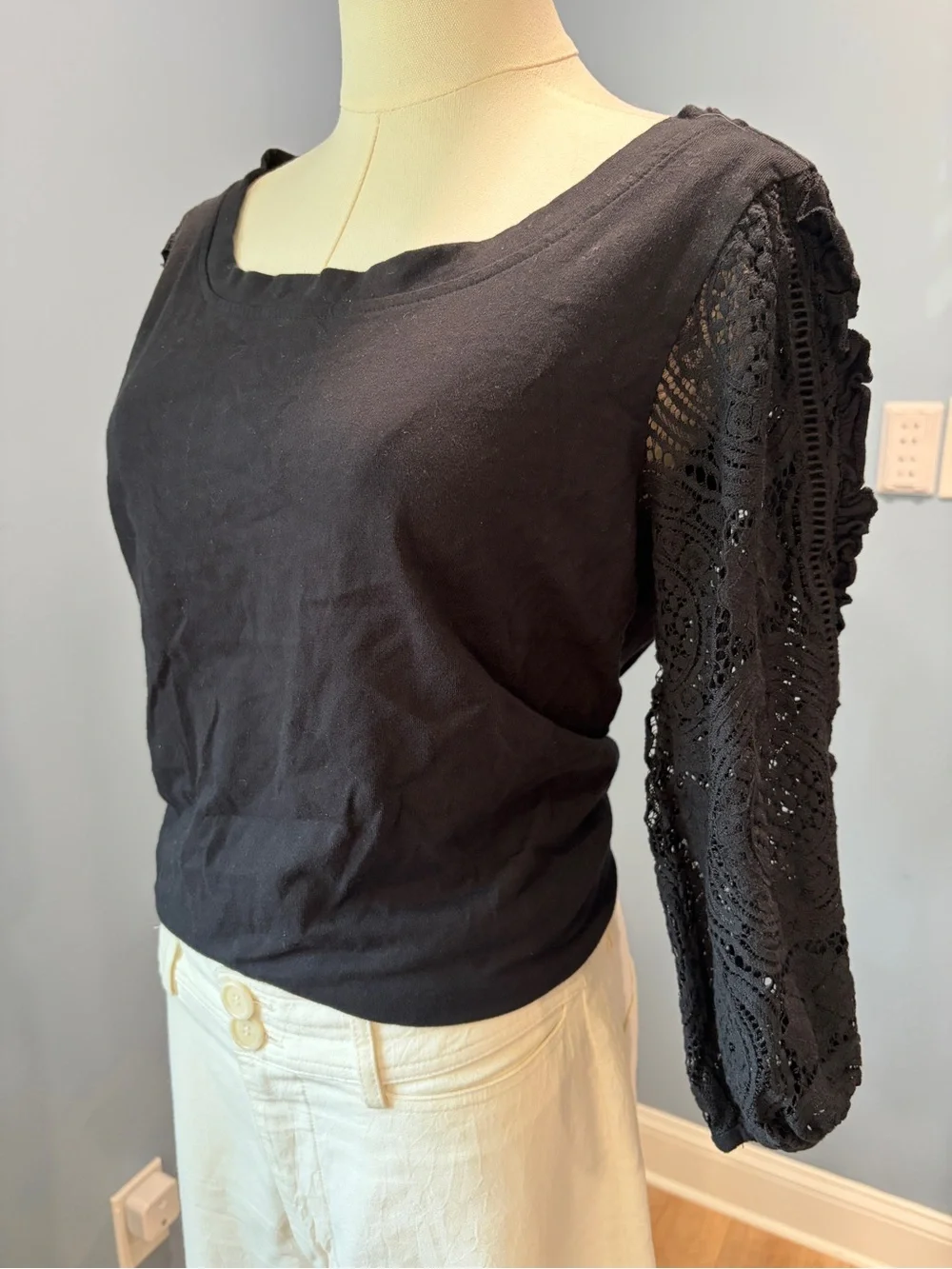 Anthropologie Deletta Black Lace Sleeve Tie Back 100% Cotton Top Medium Boho